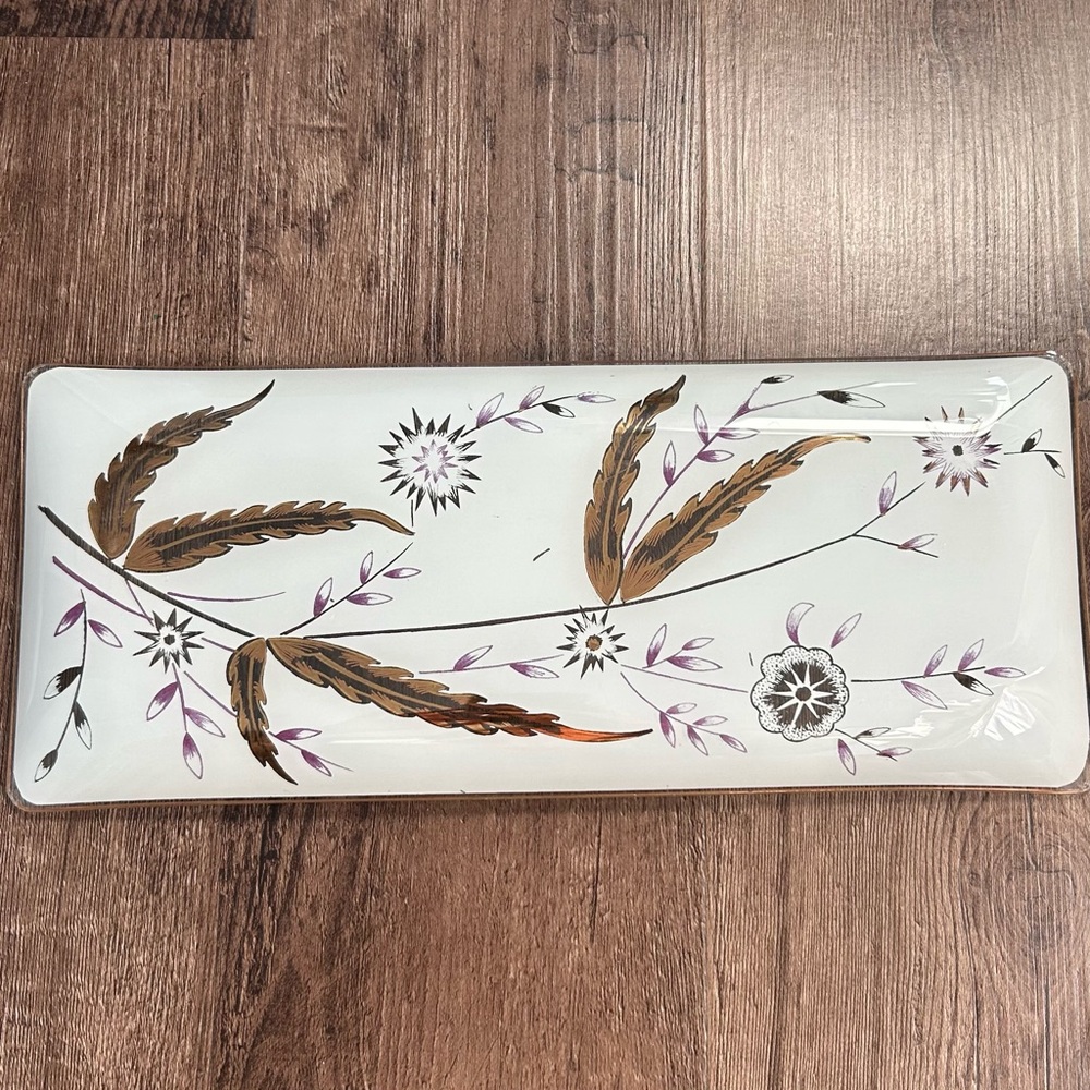 Vintage MCM Frosted Glass Vanity Tray 
Gold Wheat Dresser Catchall